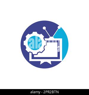 TV Gear Vector-Logo. TV-Reparaturlogo. TV- und Mechaniksymbol oder Symbol. Stock Vektor