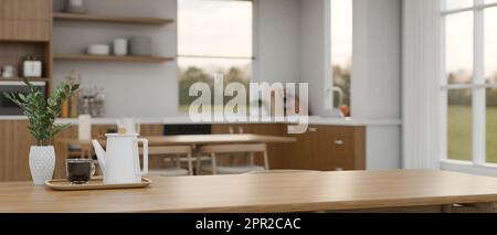 Couchtisch mit Kopierbereich mit Teekanne und Kaffeetasse auf dem Tisch, Couchtisch im gemütlichen Wohnzimmer. 3D-Rendering, 3D-Abbildung. Stockfoto