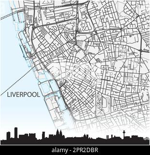 Stadtplan und Silhouette der nordwestenglischen Stadt Liverpool Stock Vektor