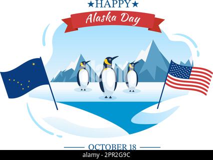 Happy Alaska Day am 18. Oktober handgezeichnete Cartoon-Flachillustration mit Flaggenschwenken in der Winterlandschaft als Vorlage für Banner oder Poster Stock Vektor