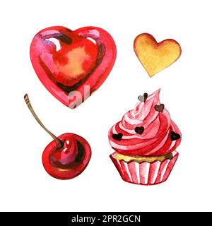Aquarell Valentinstag Süßigkeiten und Gebäck Sammlung von Elementen isoliert auf weißem Hintergrund. Handbemalte Herzen Kirsche, Cupcake-Objekte vorbereitet Stockfoto