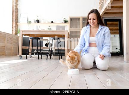 Junge schwangere Frau zu Hause mit ihrer roten Katze. Haustierbesitzer zu Hause, Stockfoto