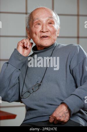Shuntarō Tanikawa, a Japanese poet and translator, attends an interview