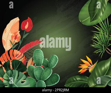 Tropische Zimmerpflanzen Blumen hinterlassen Kreidetafel Stock Vektor