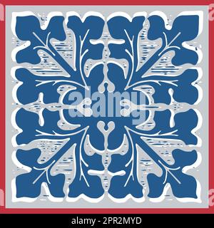 Abstrakte einfache Blumenrosette in einem Quadrat. Innenwand-Design. Geometrisches orientalisches arabisches Blattmuster. Traditionelle Töpferwaren für den Boden. Vektorgrafik. Blaue rote Farben Stock Vektor