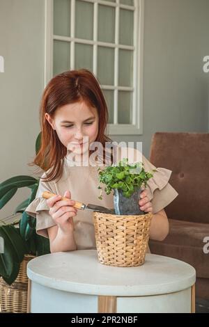 Ein kleines Mädchen, das Samen in die Töpfe pflanzt. Kinderhilfe bei der Pflege von Heimpflanzen. Heimgärtnern, Pflanzen Pflanzen Pflanzen Pflanzen Pflanzen, Setzlinge Stockfoto