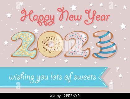 Frohes Neues Jahr 2023, Süße Donuts Stock Vektor
