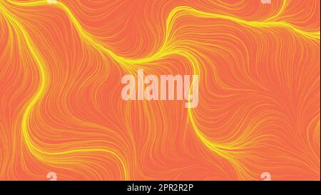 Leuchtend orangefarbener abstrakter Hintergrund. Hintergrund mit modernen Streifen und Linien. Gelbes Streifendesign auf orangefarbenem Hintergrund. Leuchtende Neonstrahlen Stockfoto
