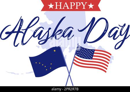 Happy Alaska Day am 18. Oktober handgezeichnete Cartoon-Flachillustration mit Flaggenschwenken in der Winterlandschaft als Vorlage für Banner oder Poster Stock Vektor