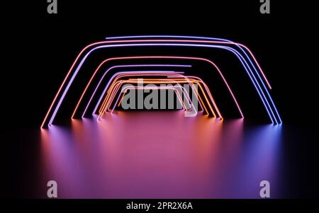 Foto eines faszinierenden neonbeleuchteten Tunnels in der Dunkelheit 3D-Darstellung Stockfoto