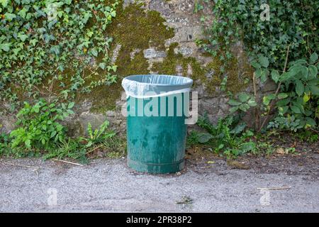 Grüner Abfalleimer mit weißer Mülltüte am Straßenrand neben einer alten Steinmauer mit Efeu und Unkraut Stockfoto