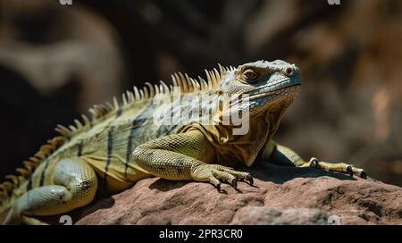 Ein Leguan genießt die Wärme der Sonne, während er sich während des hellen Mittags auf einem farbenfrohen Felsvorsprung sonnt. Stockfoto