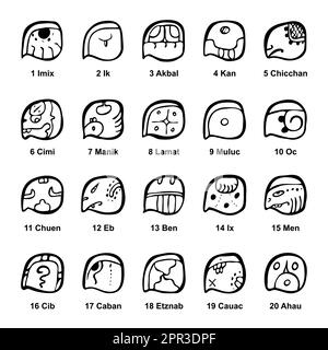 Tzolkin-Kalender, Maya-Codex-Glyphen der 20-Tage-Namen in Yucatec Stock Vektor