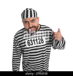 Gefangener in Spezialuniform auf weißem Hintergrund Stockfoto