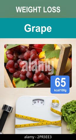 Gewichtsverlust-Konzept. Kalorienrechner-App mit Bild von frischen, reifen Trauben und ihrem Kaloriengehalt Stockfoto