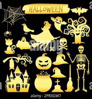 Goldene Silhouetten, fröhliche halloween-Ikonen Stock Vektor