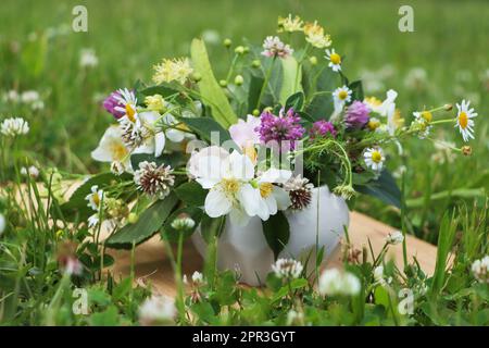 Keramikmörtel mit verschiedenen Wildblumen und Kräutern auf Holzbrettern auf der Wiese Stockfoto