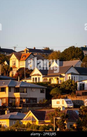 Häuser auf einem Hügel, Oamaru, North Otago, South Island, Neuseeland Stockfoto