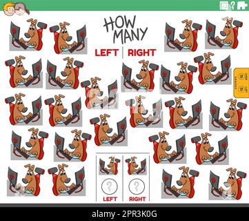 Zählen Sie die linken und rechten Bilder des Hundes, der am Computer spielt Stock Vektor