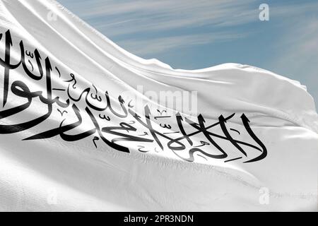 Flagge der Taliban. Afghanische Flagge, Afghanistan in der Macht der Taliban. Die Aufschrift „Shahada“ steht auf der weißen Flagge.al-Qaida Stockfoto