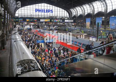 Züge, Passagiere, Bahnsteig, Bahnhofshalle, Hauptbahnhof, Hamburg, Deutschland Stockfoto