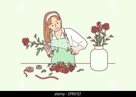 Weibliche Florist arbeiten mit Blumen in Werkstatt Stock Vektor