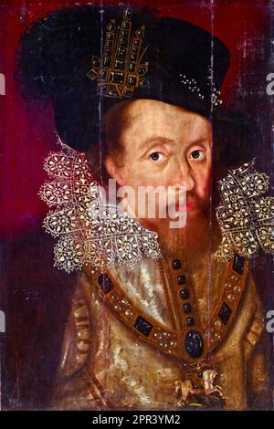 James I und VI (1566-1625), König von England und Irland (1603-1625), König von Schottland (1567-1625), Porträtmalerei in Öl auf der Platte, vor 1626 Stockfoto