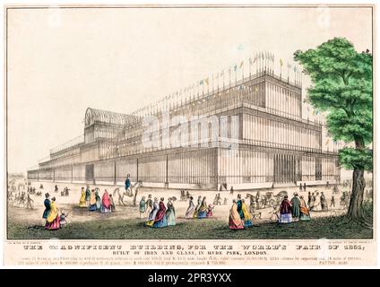 Außenansicht des Crystal Palace, erbaut für die Great Exhibition 1851 in Hyde Park, London, England, Lithografiedruck von Nathaniel Currier, 1835-1856 Stockfoto