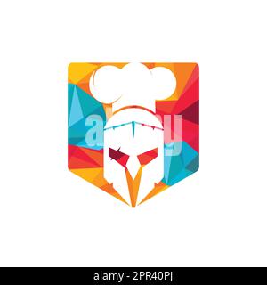 Designvorlage für das Vektorlogo des Spartanischen Küchenchefs. Minimales Logo des Chefkämpfers mit Darstellung des Chefhut-Vektors. Stock Vektor