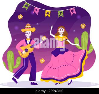 Dia De Los Muertos oder Day of the Dead Template Handgezeichnete Cartoon flache Illustration Mexikanisches Feiertagsfestival mit Tattoo-Totenköpfen, Maracas und Sombrero Stock Vektor