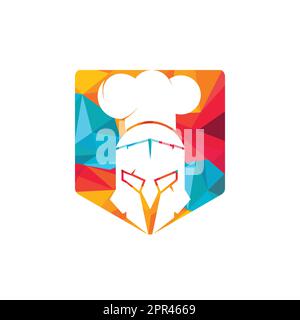 Designvorlage für das Vektorlogo des Spartanischen Küchenchefs. Minimales Logo des Chefkämpfers mit Darstellung des Chefhut-Vektors. Stock Vektor