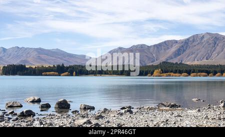 Landschaft am See und in den Bergen. Tekapo-See in Neuseeland im Herbst. Reisen Stockfoto