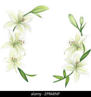 Romantischer Kranz mit Blumenmuster | kreativer runder Rahmen mit kleinen Lilien für Kartendesign und Hochzeitseinladungen Stockfoto