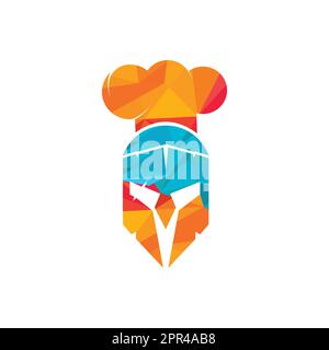 Designvorlage für das Vektorlogo des Spartanischen Küchenchefs. Minimales Logo des Chefkämpfers mit Darstellung des Chefhut-Vektors. Stock Vektor