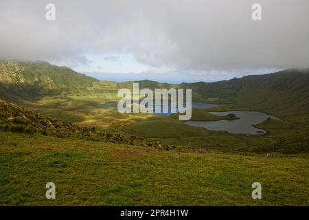 Ein Panoramablick auf Caldeirão, den vulkanischen Krater der Insel Corvo, die Azoren, Portugal Stockfoto