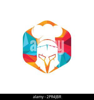 Designvorlage für das Vektorlogo des Spartanischen Küchenchefs. Minimales Logo des Chefkämpfers mit Darstellung des Chefhut-Vektors. Stock Vektor