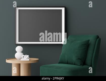 Leeres horizontales Bildmodell in dunklem Raum. Zeitgenössischer, moderner Stil. Leerer Platz für Bildmaterial, Poster. Sessel, Vase. Modell mit schwarzem Rahmen Stockfoto