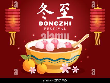 Dongzhi oder Winter Solstice Festival Vorlage Handgezeichnete Cartoon flache Illustration mit Familie genießen chinesisches Essen Tangyuan und Jiaozi Konzept Stock Vektor