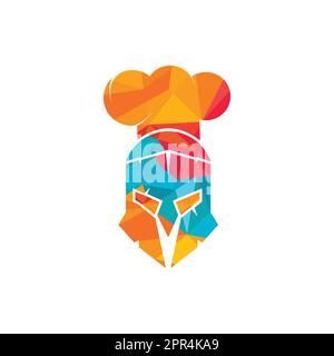 Designvorlage für das Vektorlogo des Spartanischen Küchenchefs. Minimales Logo des Chefkämpfers mit Darstellung des Chefhut-Vektors. Stock Vektor