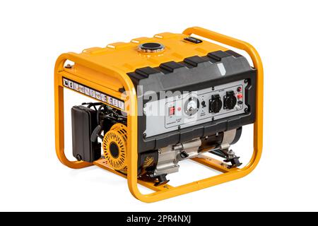 Tragbarer, gelber elektrischer Generator, isoliert auf weiß, für Reserveenergie Stockfoto