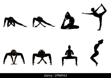 Eine Frau, die Yoga-Asana-Poster macht. Yoga-Silhouette. Yoga-Posen. Fitness-Yoga. Stretching-Posen. Isolieren. Stockfoto