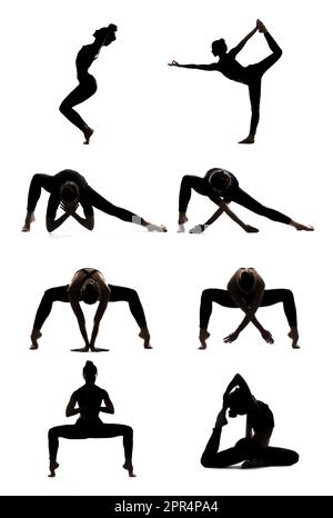 Eine Frau, die Yoga-Asana-Poster macht. Yoga-Silhouette. Yoga-Posen. Fitness-Yoga. Stretching-Posen. Isolieren. Stockfoto
