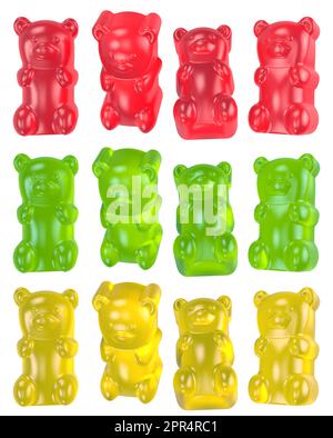 Set aus roten, gelben und grünen Gummibärchen isoliert auf weißem Hintergrund, hochwertige Details, 3D-Rendering Stockfoto