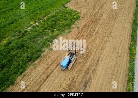 Castell'Arquato, Italien - April 2023 Landwirt, der auf gepflügtem, trockenem Feld einen Raupentraktor fährt, bevor er aus der Vogelperspektive sät Stockfoto