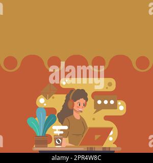 Lady Callcenter-Illustration Mit Kopfhörern Und Sprechblase, Die Eine Nachricht Zeigt, Frau, Die Notebook-Kopfhörer Mit Sprechblase Verwendet Und Eine Erklärung Präsentiert. Stock Vektor