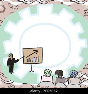 Die Teammitglieder Betrachten Das Whiteboard, Das Neue Lösungen Für Das Verkaufswachstum Darstellt. Colleague Group Betrachtet Die Fähigkeit Des Vorstands, Probleme Zu Lösen, Im Vergleich Zu Gear Background. Stock Vektor