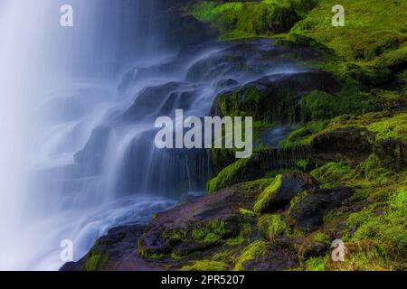 Auf der Panoramastraße zwischen Franklin und den Highlands, North Carolina, USA, aus nächster Nähe zu den Dry Falls im Frühling am Cullasaja River Stockfoto