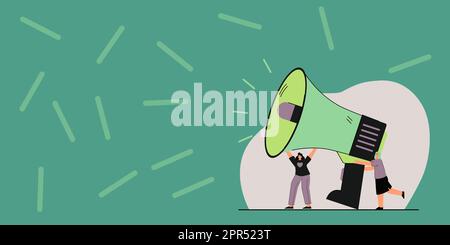 Gruppe Von Zeichnern, Die Ihre Megaphone In Der Chat Cloud Halten Und Ideen Austauschen. Zeichnung Von Mob-Linien, Die Sich Gegenseitig Neue Ankündigungen Machen. Stock Vektor