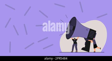 Gruppe Von Zeichnern, Die Ihre Megaphone In Der Chat Cloud Halten Und Ideen Austauschen. Zeichnung Von Mob-Linien, Die Sich Gegenseitig Neue Ankündigungen Machen. Stock Vektor