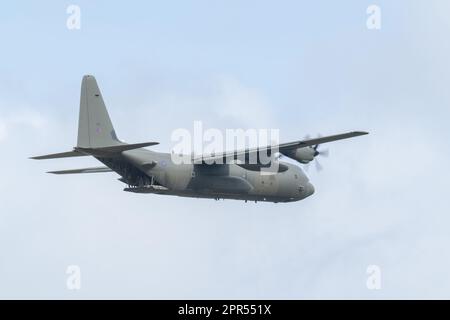 Lockheed C130J „Hercules“, betrieben von der Royal Air Force des Vereinigten Königreichs, übt Luftabwürfe in South Oxfordshire, Großbritannien. Die Flugzeuge befinden sich auf der RAF Brize Norton und werden hier in einer Höhe von etwa 900ft m gesehen, während sie in die Zielabwurfzone einfliegen Stockfoto